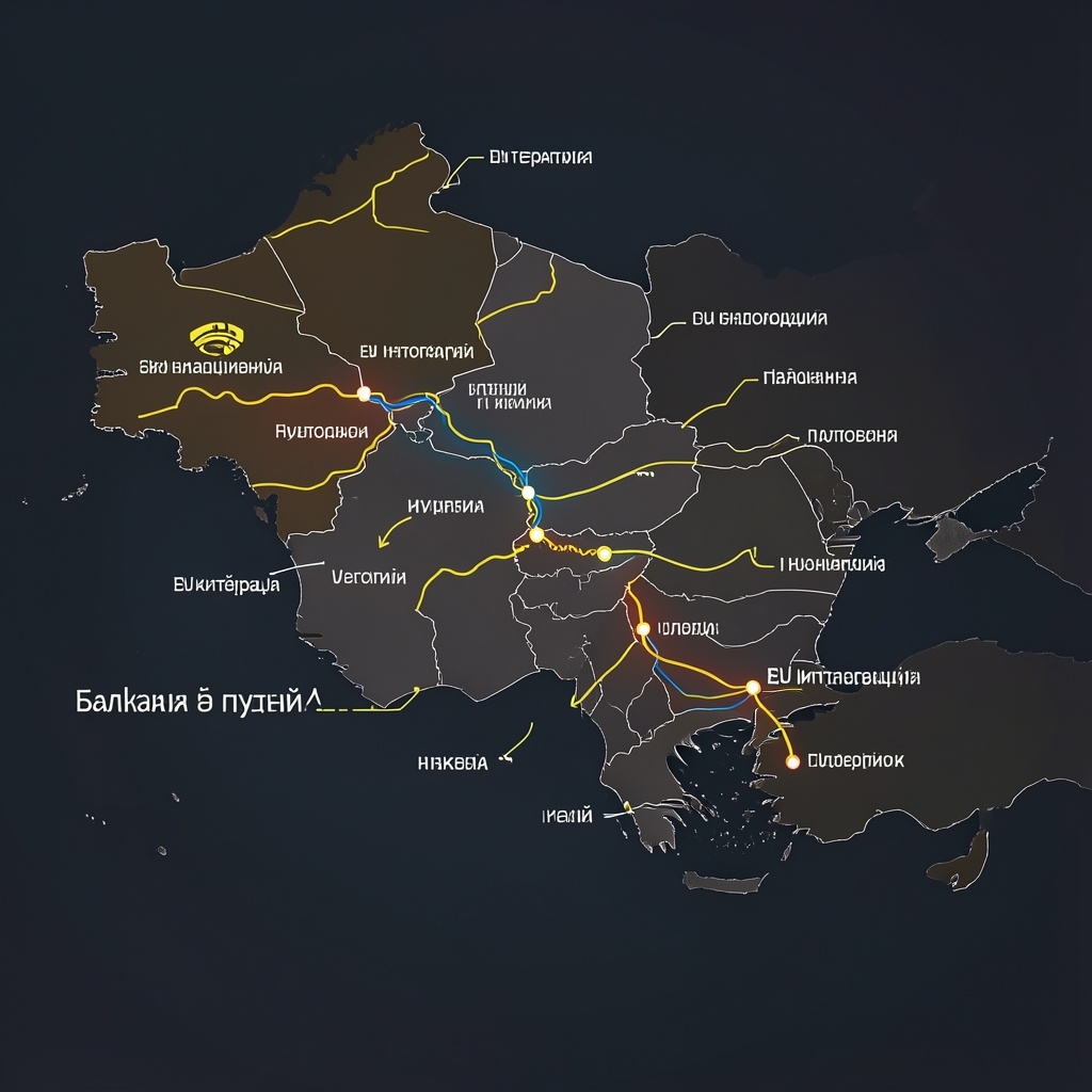 Карта Западног Балкана са наглашеним путевима ЕУ интеграција, инфографик на тамној позадини