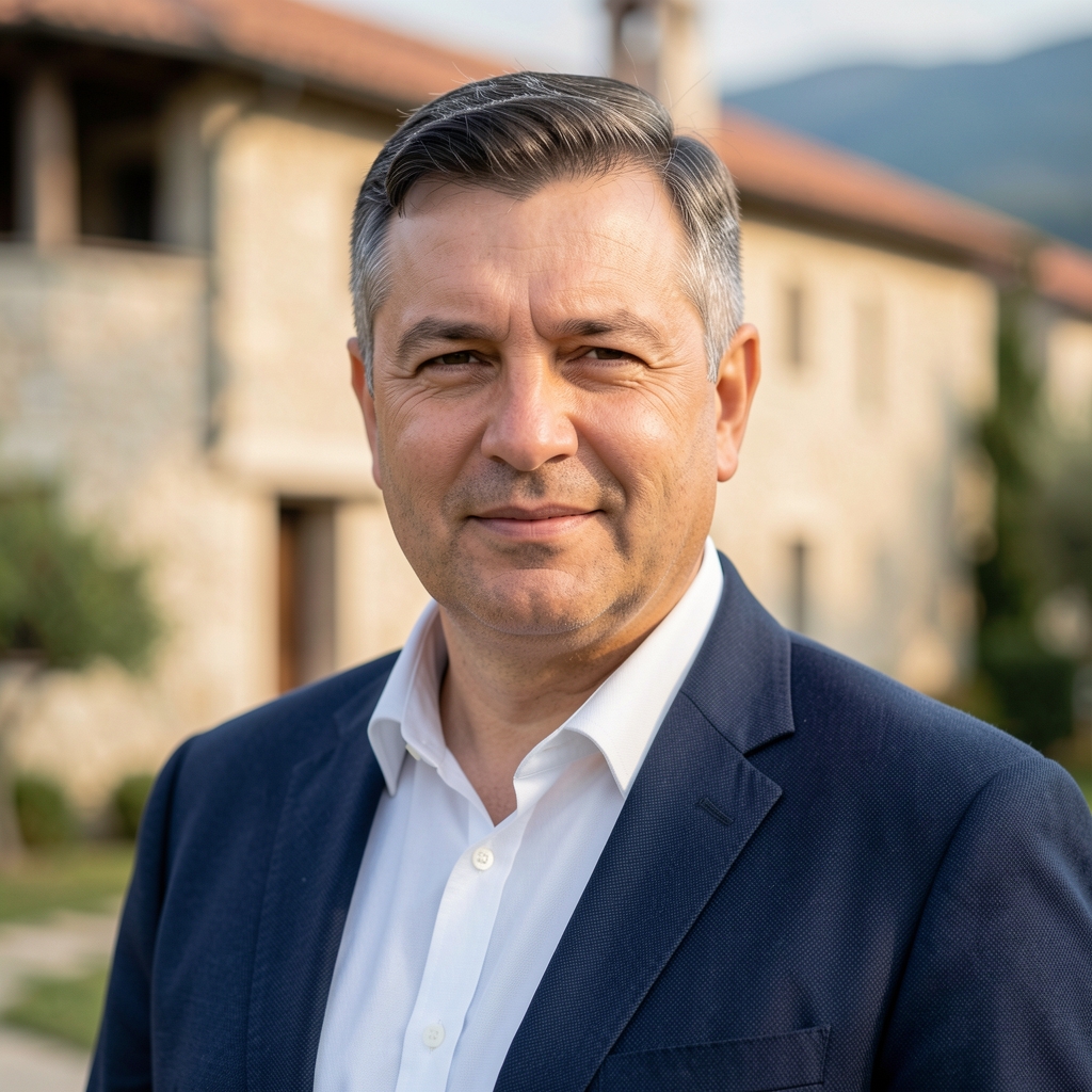 Портрет уредника регионалне тематике Borisava Mijatovića, мушкарац испред зграде у Подгорици