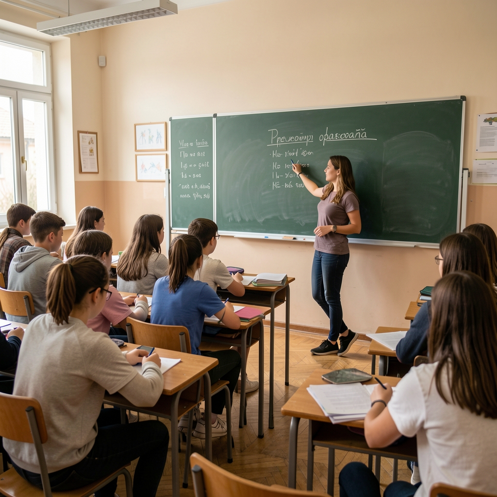 Ученици средње школе у Подгорици у учионици на часу, наставница пише на табли о реформи образовања