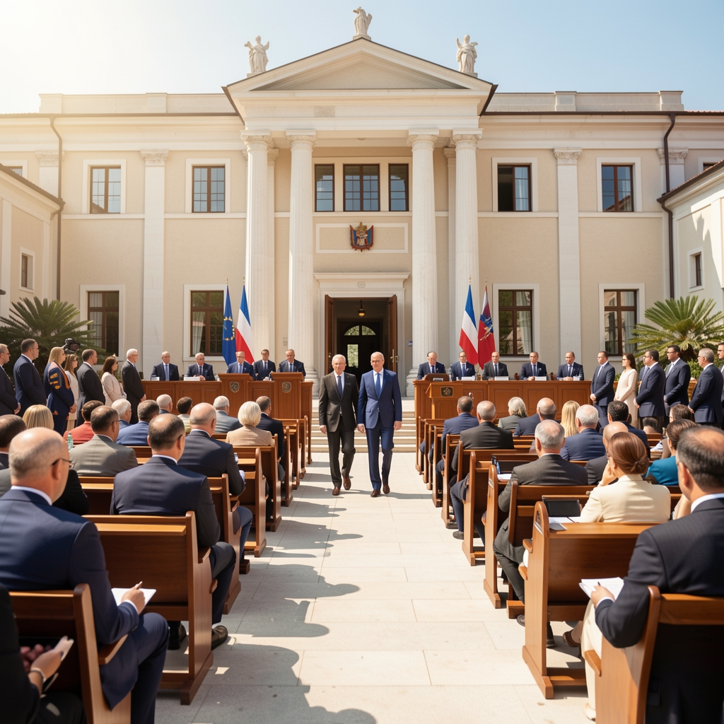 Зграда Скупштине Црне Горе у Подгорици, политичари улазе на пленарну сједницу у сунчаном дану