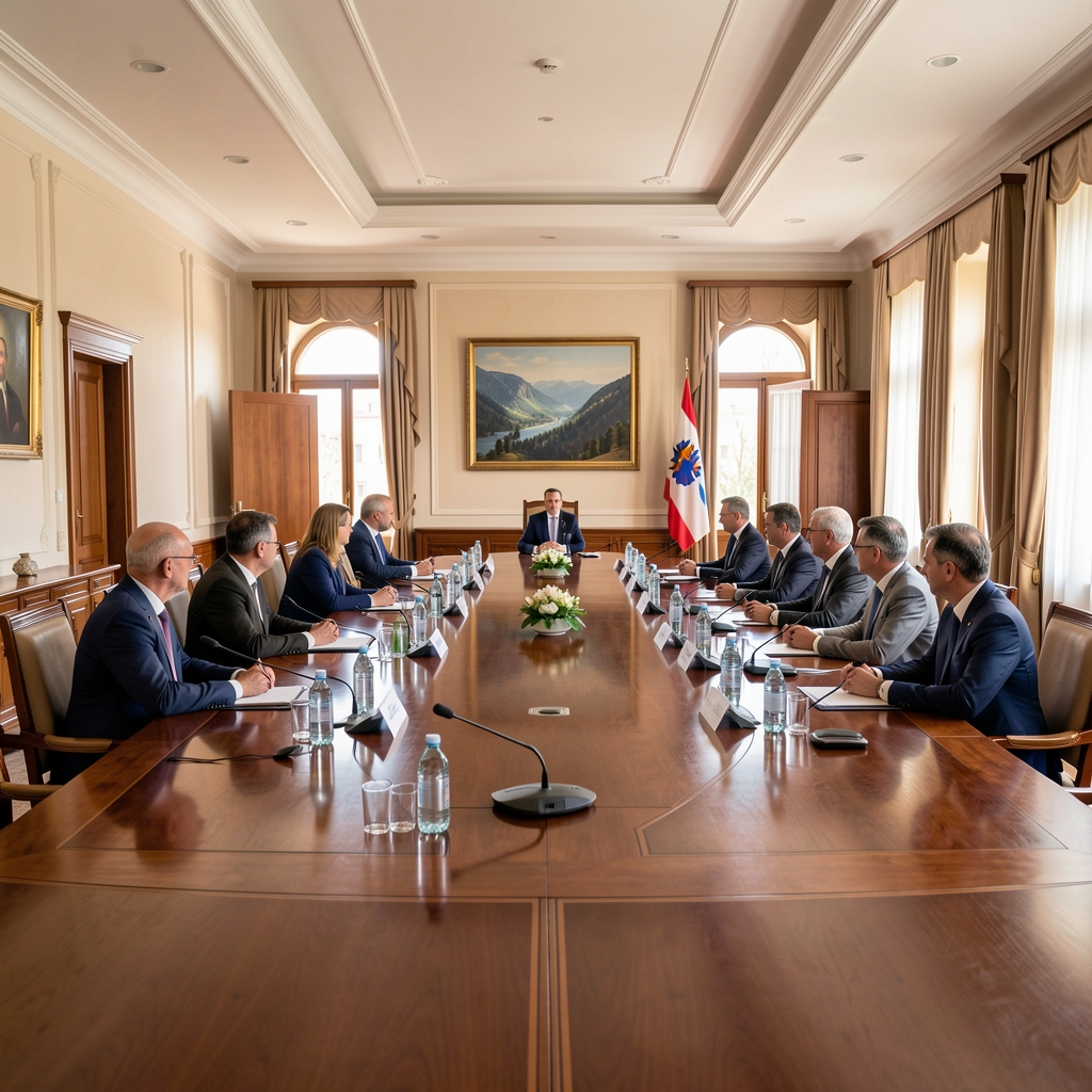 Засједање Владе Црне Горе у Подгорици, министри за дугачким столом у сали за сједнице