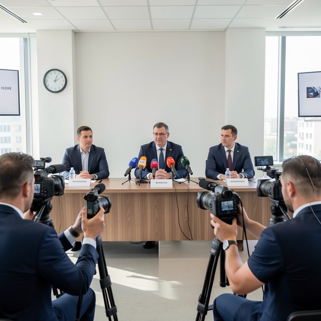 Новинари на пресконференцији у Скупштини Црне Горе, микрофони и камере испред говорнице