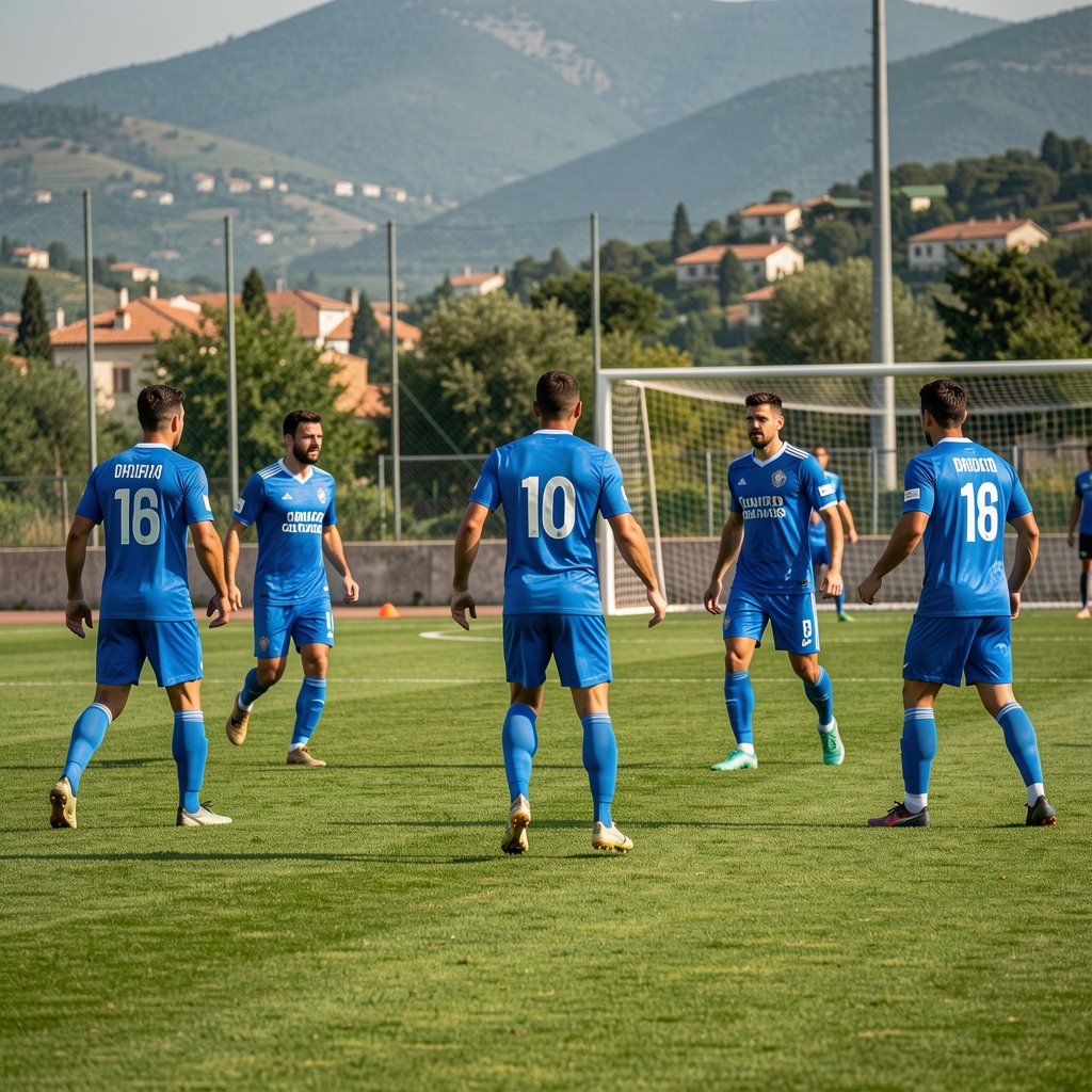 Фудбалска репрезентација Црне Горе на тренингу у Подгорици, играчи у плавим дресовима на терену